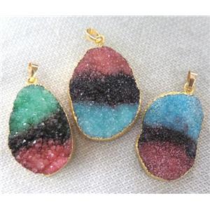 quartz druzy pendant, freeform, mixed color, gold plated, approx 15-50mm [GMPDA3053]