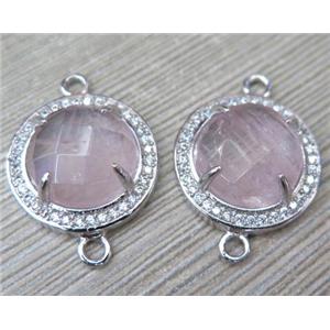 Rose Quartz connector with rhinestone, round, approx 20mm dia [GMPDA3092]