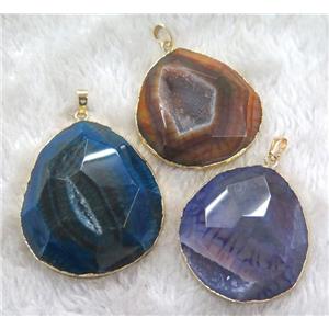 druzy agate pendant, faceted freefrom, mixed color, gold plated, approx 20-50mm [GMPDA3116]