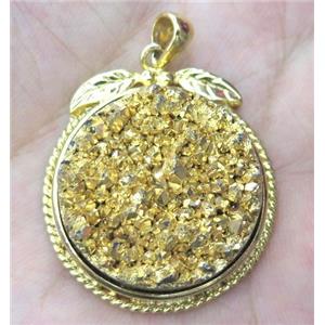 Agate druzy pendant, flat-round, gold plated, approx 25mm dia [GMPDA3276]