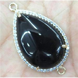 black agate connector with rhinestone, teardrop, approx 20x30mm [GMPDA3282]