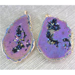 druzy agate slice pendant, freeform. rainbow electroplated, approx 30-50mm [GMPDA3367]