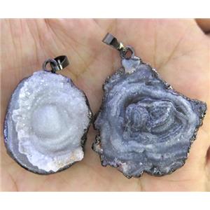 agate druzy pendant, freeform slice, black plated, approx 20-60mm [GMPDA3424]