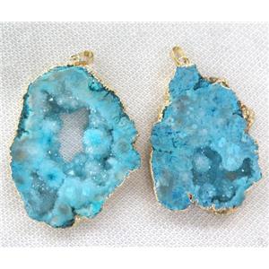 blue druzy agate slice pendant, freeform, gold plated, approx 20-60mm [GMPDA3433]