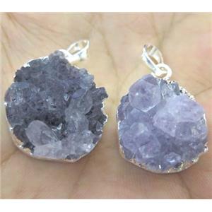 amethyst druzy pendant, flat-round, silver plated, approx 18-25mm [GMPDA3447]