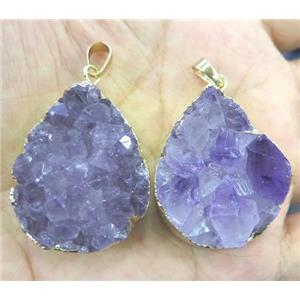 Amethyst druzy pendant, teardrop, gold plated, approx 20-30mm [GMPDA3497]