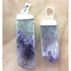 Amethyst druzy pendant, stick, silver plated, approx 15-30mm [GMPDA3498]