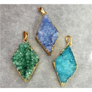 druzy quartz pendant, rhombic, gold plated, approx 20-30mm [GMPDA3549]