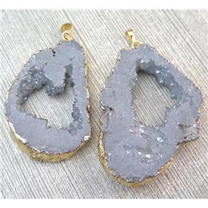 druzy agate slice pendant, freeform, gray electroplated, approx 25-50mm [GMPDA3555]