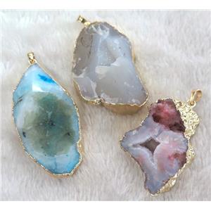 mixed agate nugget pendant, freeform, gold plated, approx 20-60mm [GMPDA3634]
