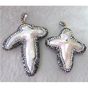 white Freshwater Pearl cross pendant paved rhinestone, approx 25-50mm [GMPDA3650]