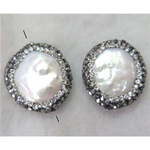 freshwater pearl bead paved rhinestone, white, flat-round, approx 12-18mm [GMPDA3663]
