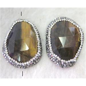 tiger eye stone bead with rhinestone, faceted freeform, approx 20-35mm [GMPDA3666]