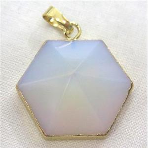 white opalite hexagon pendant, point, gold plated, approx 25mm dia [GMPDA3670]