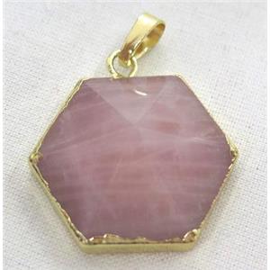 rose quartz hexagon pendant, point, gold plated, approx 25mm dia [GMPDA3671]