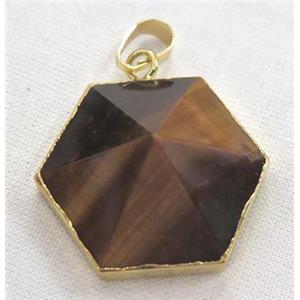 tiger eye stone hexagon pendant, point, gold plated, approx 25mm dia [GMPDA3672]