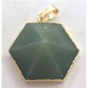 green aventurine hexagon pendant, point, gold plated, approx 25mm dia [GMPDA3674]