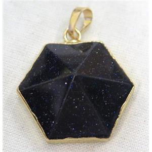 blue sandstone hexagon pendant, point, gold plated, approx 25mm dia [GMPDA3675]
