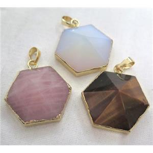 mix gemstone hexagon pendant, point, gold plated, approx 25mm dia [GMPDA3677]