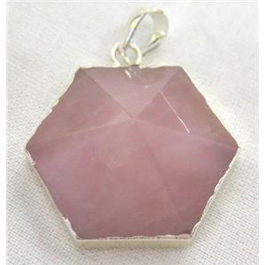 rose quartz hexagon pendant, point, silver plated, approx 25mm dia [GMPDA3678]
