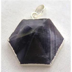 amethyst hexagon pendant, point, silver plated, approx 25mm dia [GMPDA3679]