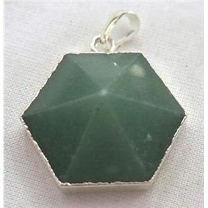 green aventurine hexagon pendant, point, silver plated, approx 25mm dia [GMPDA3680]