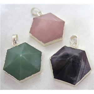 mix gemstone hexagon pendant, point, silver plated, approx 25mm dia [GMPDA3681]