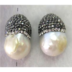 white freshwater pearl beads with rhinestone, teardrop, approx 12-16mm [GMPDA3699]