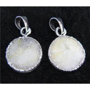 white druzy quartz pendant, flat-round, silver plated, approx 15mm dia [GMPDA3766]