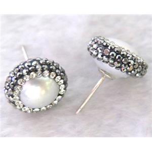 freshwater Pearl sterling silver earring studs paved rhinestone, approx 14-16mm [GMPDA3780]