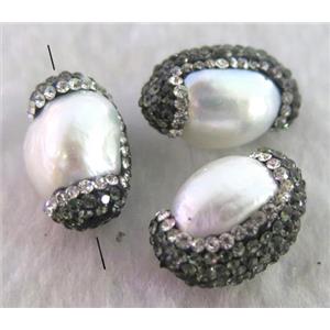 white freshwater Pearl beads paved rhinestone, rice shape, approx 10-18mm [GMPDA3786]