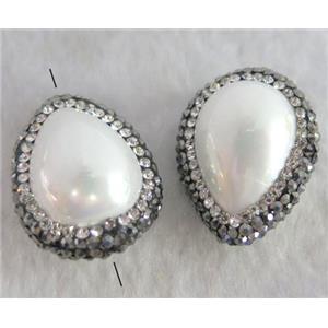 white shell pearl bead paved rhinestone, teardrop, approx 20-28mm [GMPDA3787]