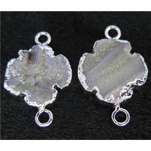 sun agate druzy connector, four-leaf clover, silver plated, AB color, approx 20mm dia [GMPDA3825]