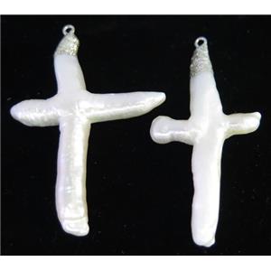 freshwater pearl pendant, cross, white, approx 20-50mm [GMPDA3874]