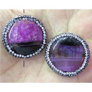druzy agate bead pave rhinestone, flat-round, hotpink, approx 25-30mm [GMPDA3989]