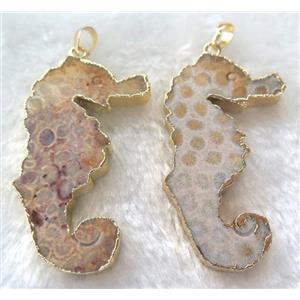 Coral Fossil pendant, sea-horse, gold plated, approx 20-60mm [GMPDA4016]