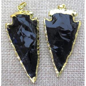 hammered black obsidian arrowhead pendant, gold plated, approx 15-60mm [GMPDA4077]