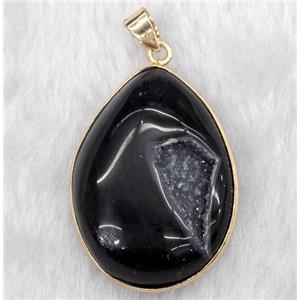 druzy agate pendant, teardrop, black, approx 20-35mm [GMPDA4085]