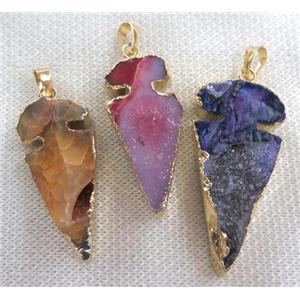 agate druzy arrowhead pendant, mix color, gold plated, approx 15-50mm [GMPDA4093]