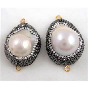 white freshwater pearl connector paved rhinestone, freeform, approx 15-30mm [GMPDA4167]