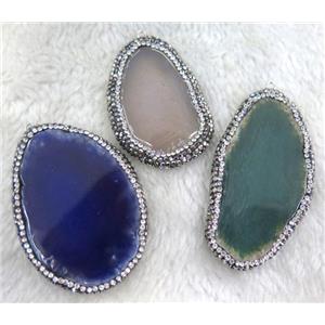 Agate slice pendant paved rhinestone, freeform, mix color, approx 20-60mm [GMPDA4296]