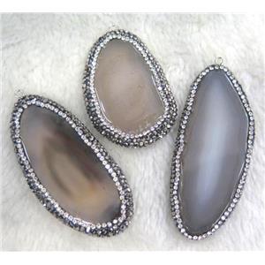 gray Agate slice pendant paved rhinestone, freeform, approx 20-60mm [GMPDA4298]