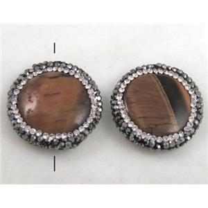 tiger eye stone bead paved rhinestone, flat-round, approx 25mm dia [GMPDA4309]