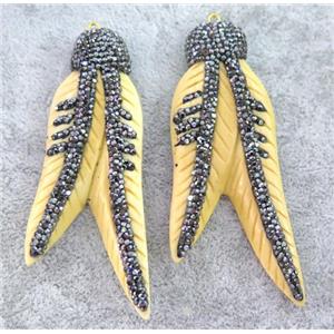yellow cattle bone feather pendant paved rhinestone, approx 12-80mm [GMPDA4318]