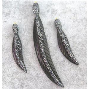 cattle bone pendant paved rhinestone, feather, black, approx 12-60mm [GMPDA4320-S]