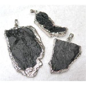 black tourmaline slice pendant, freeform, silver plated, approx 30-60mm [GMPDA4335-L]