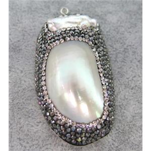 white freshwater Pearl pendant paved rhinestone, freeform, approx 30-55mm [GMPDA4358]