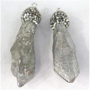 quartz pendant paved rhinestone, stick, silver electroplated, approx 15-50mm [GMPDA4381]