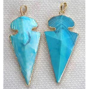agate arrowhead pendant, blue, point, gold plated, approx 15-60mm [GMPDA4428]