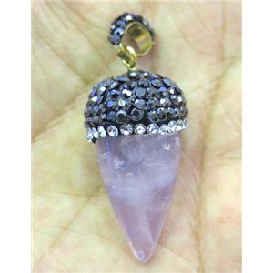 Rose Quartz bullet pendant paved rhinestone, pink, approx 15-30mm [GMPDA4498]
